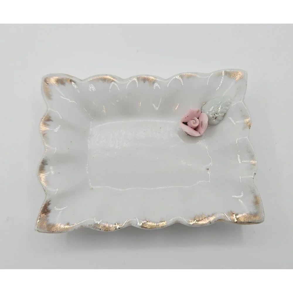 Vintage Royal Sealy Japan Porcelain Trinket Box and Ring Dish 3 pc Set Rose Gold